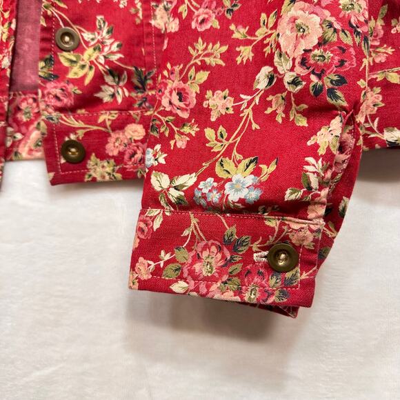 Retro Buttoned Red Floral Long Sleeve Jacket Blazer Medium Printed Boho Cottage - Picture 8 of 12